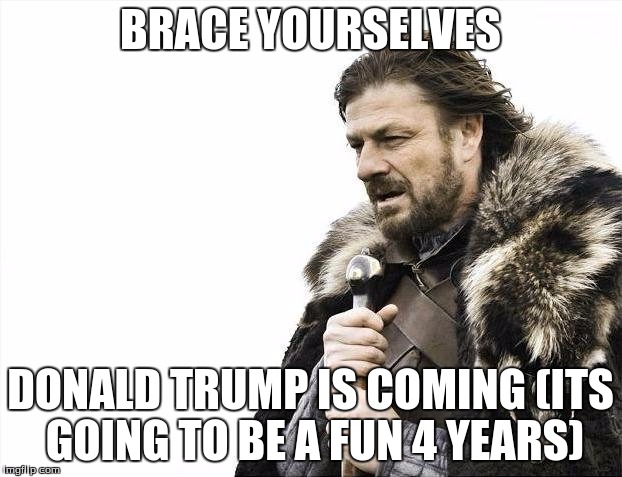Brace Yourselves X is Coming Meme | BRACE YOURSELVES; DONALD TRUMP IS COMING
(ITS GOING TO BE A FUN 4 YEARS) | image tagged in memes,brace yourselves x is coming | made w/ Imgflip meme maker