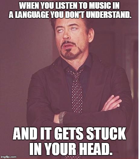 Lyrics? Who needs to know the lyrics? | WHEN YOU LISTEN TO MUSIC IN A LANGUAGE YOU DON'T UNDERSTAND. AND IT GETS STUCK IN YOUR HEAD. | image tagged in memes,face you make robert downey jr | made w/ Imgflip meme maker