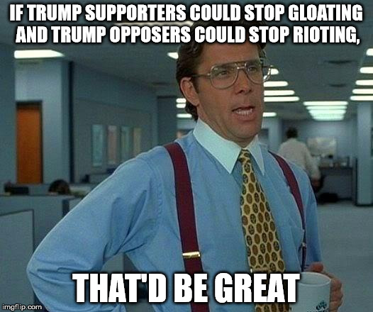 To both: yes, he won - stop being childish about it. Let's get back to regular memes here and re-initiate dialogue in real life. | IF TRUMP SUPPORTERS COULD STOP GLOATING AND TRUMP OPPOSERS COULD STOP RIOTING, THAT'D BE GREAT | image tagged in memes,that would be great | made w/ Imgflip meme maker