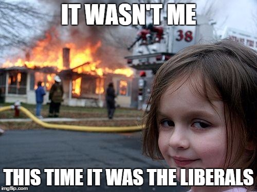 Disaster Girl Meme |  IT WASN'T ME; THIS TIME IT WAS THE LIBERALS | image tagged in memes,disaster girl | made w/ Imgflip meme maker