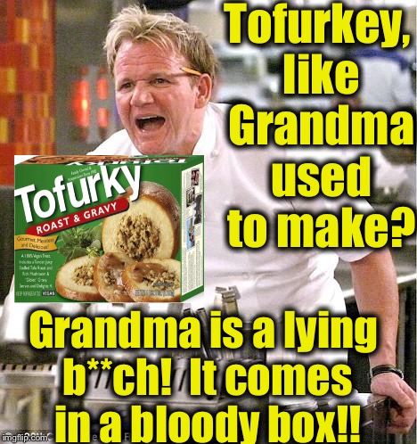 Tofurkey, like Grandma used to make? Grandma is a lying b**ch!  It comes in a bloody box!! | made w/ Imgflip meme maker