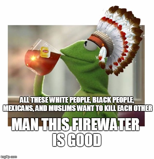 Native American Kermit | ALL THESE WHITE PEOPLE, BLACK PEOPLE, MEXICANS, AND MUSLIMS WANT TO KILL EACH OTHER; MAN THIS FIREWATER IS GOOD | image tagged in native american kermit | made w/ Imgflip meme maker
