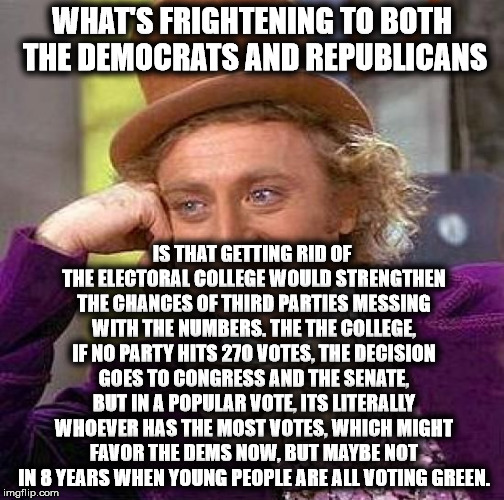 Creepy Condescending Wonka Meme | WHAT'S FRIGHTENING TO BOTH THE DEMOCRATS AND REPUBLICANS IS THAT GETTING RID OF THE ELECTORAL COLLEGE WOULD STRENGTHEN THE CHANCES OF THIRD  | image tagged in memes,creepy condescending wonka | made w/ Imgflip meme maker