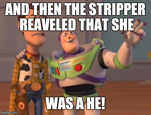 X, X Everywhere Meme | AND THEN THE STRIPPER REAVELED THAT SHE; WAS A HE! | image tagged in memes,x x everywhere | made w/ Imgflip meme maker