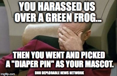Captain Picard Facepalm | YOU HARASSED US OVER A GREEN FROG... THEN YOU WENT AND PICKED A "DIAPER PIN" AS YOUR MASCOT. DNN DEPLORABLE NEWS NETWORK | image tagged in memes,captain picard facepalm | made w/ Imgflip meme maker