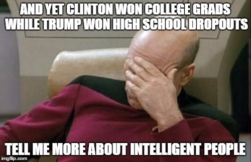 AND YET CLINTON WON COLLEGE GRADS WHILE TRUMP WON HIGH SCHOOL DROPOUTS TELL ME MORE ABOUT INTELLIGENT PEOPLE | image tagged in memes,captain picard facepalm | made w/ Imgflip meme maker