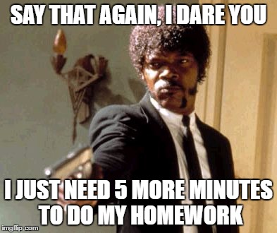 Say That Again I Dare You | SAY THAT AGAIN, I DARE YOU; I JUST NEED 5 MORE MINUTES TO DO MY HOMEWORK | image tagged in memes,say that again i dare you | made w/ Imgflip meme maker