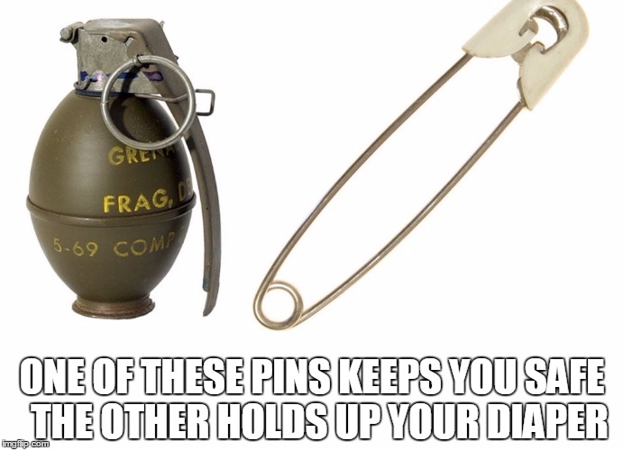 ONE OF THESE PINS KEEPS YOU SAFE 
THE OTHER HOLDS UP YOUR DIAPER | image tagged in pins 4 safety | made w/ Imgflip meme maker