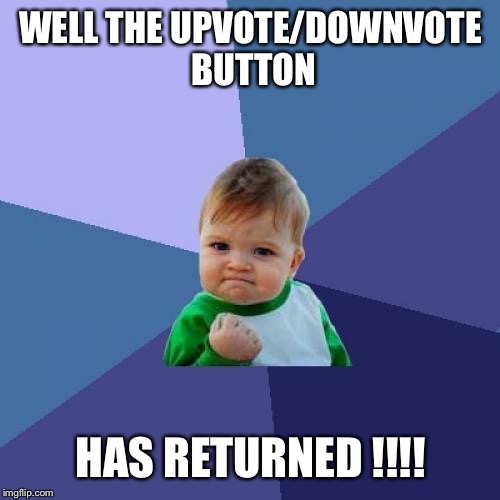 Success Kid Meme | WELL THE UPVOTE/DOWNVOTE BUTTON HAS RETURNED !!!! | image tagged in memes,success kid | made w/ Imgflip meme maker