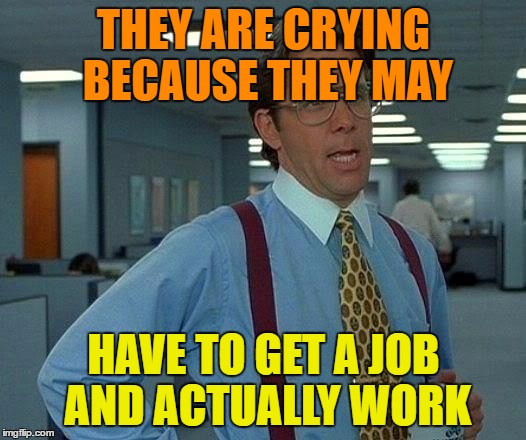 That Would Be Great Meme | THEY ARE CRYING BECAUSE THEY MAY HAVE TO GET A JOB AND ACTUALLY WORK | image tagged in memes,that would be great | made w/ Imgflip meme maker