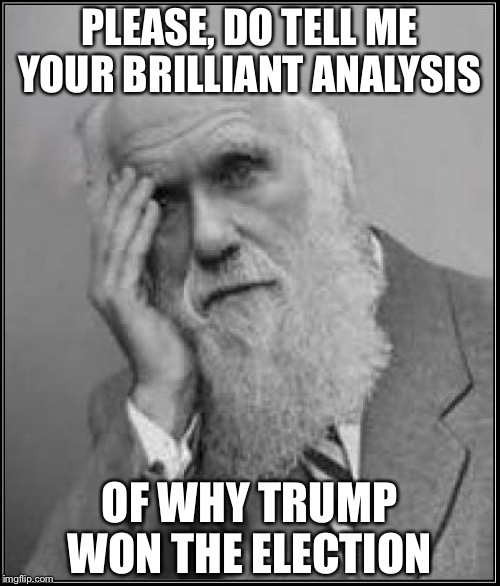 darwin facepalm | PLEASE, DO TELL ME YOUR BRILLIANT ANALYSIS; OF WHY TRUMP WON THE ELECTION | image tagged in darwin facepalm | made w/ Imgflip meme maker