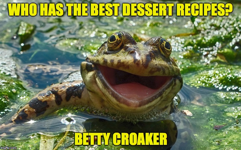 A Real Croaker | WHO HAS THE BEST DESSERT RECIPES? BETTY CROAKER | image tagged in frog | made w/ Imgflip meme maker
