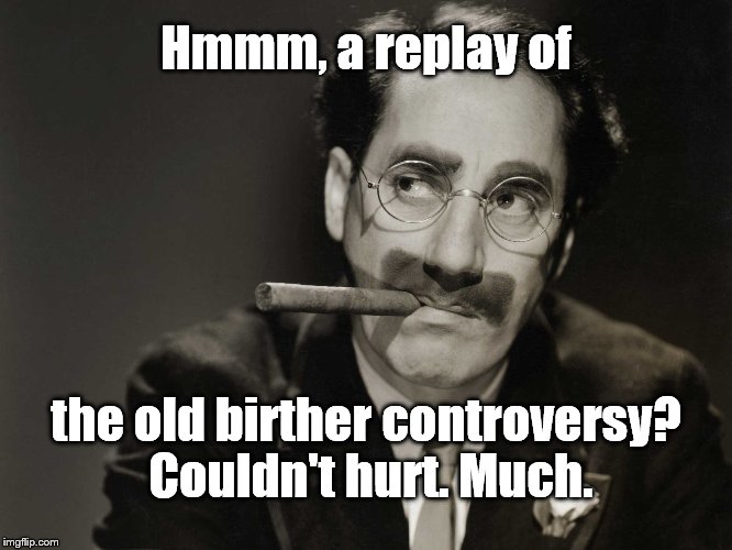 Thoughtful Groucho | Hmmm, a replay of the old birther controversy? Couldn't hurt. Much. | image tagged in thoughtful groucho | made w/ Imgflip meme maker