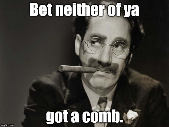 Thoughtful Groucho | Bet neither of ya got a comb. | image tagged in thoughtful groucho | made w/ Imgflip meme maker