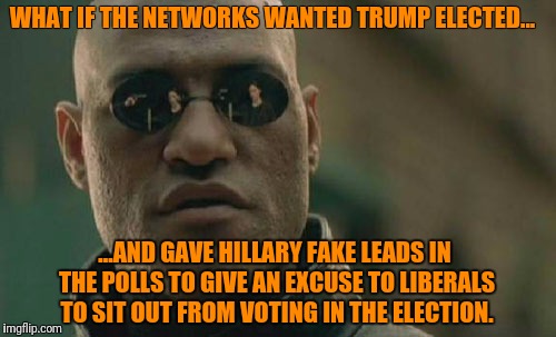 It might explain some things. | WHAT IF THE NETWORKS WANTED TRUMP ELECTED... ...AND GAVE HILLARY FAKE LEADS IN THE POLLS TO GIVE AN EXCUSE TO LIBERALS TO SIT OUT FROM VOTING IN THE ELECTION. | image tagged in memes,matrix morpheus,election 2016,voting,network,cnn | made w/ Imgflip meme maker