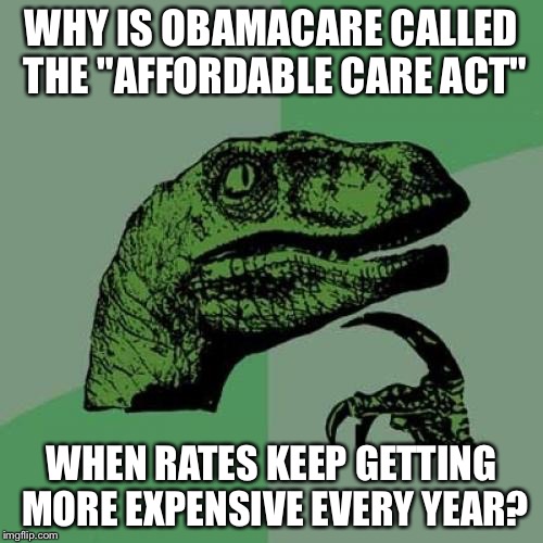 Philosoraptor |  WHY IS OBAMACARE CALLED THE "AFFORDABLE CARE ACT"; WHEN RATES KEEP GETTING MORE EXPENSIVE EVERY YEAR? | image tagged in memes,philosoraptor | made w/ Imgflip meme maker
