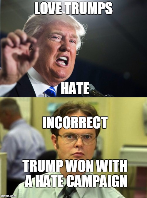 Trump Trumps Hate | LOVE TRUMPS; HATE; INCORRECT; TRUMP WON WITH A HATE CAMPAIGN | image tagged in trump,politically incorrect | made w/ Imgflip meme maker