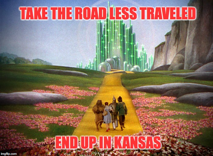 On Choosing Your Road In Life | TAKE THE ROAD LESS TRAVELED; END UP IN KANSAS | image tagged in road,journey,life | made w/ Imgflip meme maker