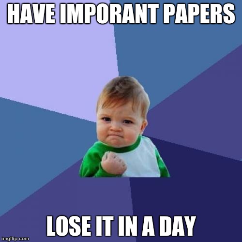 Success Kid | HAVE IMPORANT PAPERS; LOSE IT IN A DAY | image tagged in memes,success kid | made w/ Imgflip meme maker