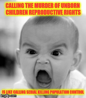 Angry Baby Meme | CALLING THE MURDER OF UNBORN CHILDREN REPRODUCTIVE RIGHTS; IS LIKE CALLING SERIAL KILLING POPULATION CONTROL | image tagged in memes,angry baby | made w/ Imgflip meme maker