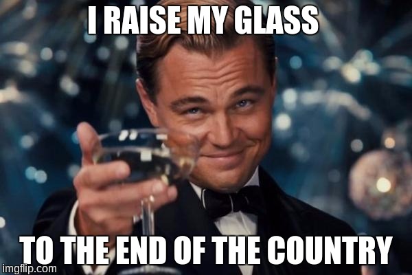 Leonardo Dicaprio Cheers Meme | I RAISE MY GLASS; TO THE END OF THE COUNTRY | image tagged in memes,leonardo dicaprio cheers | made w/ Imgflip meme maker