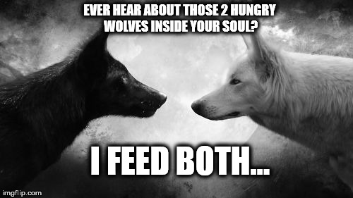 EVER HEAR ABOUT THOSE 2 HUNGRY WOLVES INSIDE YOUR SOUL? I FEED BOTH... | image tagged in feed both | made w/ Imgflip meme maker