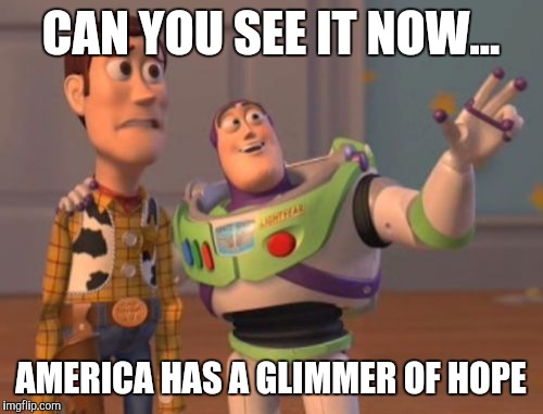 X, X Everywhere Meme | CAN YOU SEE IT NOW... AMERICA HAS A GLIMMER OF HOPE | image tagged in memes,x x everywhere | made w/ Imgflip meme maker