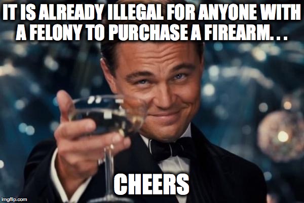 Leonardo Dicaprio Cheers Meme | IT IS ALREADY ILLEGAL FOR ANYONE WITH A FELONY TO PURCHASE A FIREARM. . . CHEERS | image tagged in memes,leonardo dicaprio cheers | made w/ Imgflip meme maker