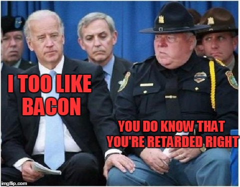 When robots try to interact with humans.. | I TOO LIKE BACON; YOU DO KNOW THAT YOU'RE RETARDED RIGHT | image tagged in joe biden hits on trooper | made w/ Imgflip meme maker