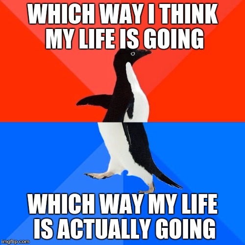 Socially Awesome Awkward Penguin Meme | WHICH WAY I THINK MY LIFE IS GOING; WHICH WAY MY LIFE IS ACTUALLY GOING | image tagged in memes,socially awesome awkward penguin | made w/ Imgflip meme maker