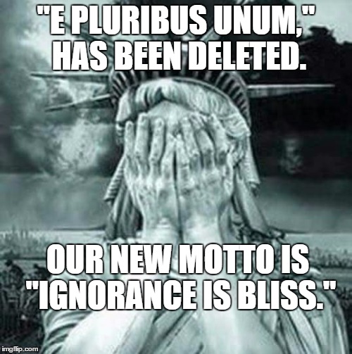 The Statue Of Liberty Weeps | "E PLURIBUS UNUM," HAS BEEN DELETED. OUR NEW MOTTO IS "IGNORANCE IS BLISS." | image tagged in the statue of liberty weeps | made w/ Imgflip meme maker