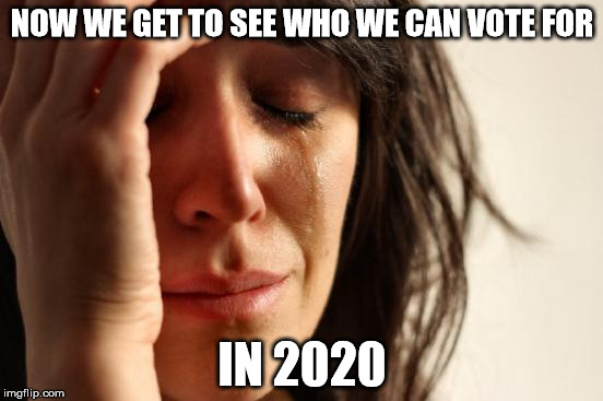 First World Problems | NOW WE GET TO SEE WHO WE CAN VOTE FOR; IN 2020 | image tagged in memes,first world problems,donald trump approves,hillary clinton u mad | made w/ Imgflip meme maker