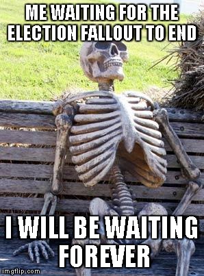 Waiting Skeleton | ME WAITING FOR THE ELECTION FALLOUT TO END; I WILL BE WAITING FOREVER | image tagged in memes,waiting skeleton | made w/ Imgflip meme maker