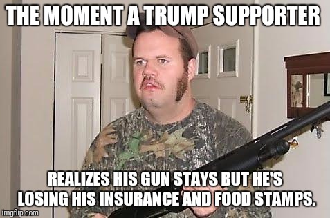 Redneck wonder | THE MOMENT A TRUMP SUPPORTER; REALIZES HIS GUN STAYS BUT HE'S LOSING HIS INSURANCE AND FOOD STAMPS. | image tagged in redneck wonder | made w/ Imgflip meme maker