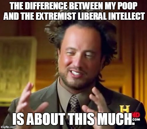 Ancient Aliens Meme | THE DIFFERENCE BETWEEN MY POOP AND THE EXTREMIST LIBERAL INTELLECT; IS ABOUT THIS MUCH. | image tagged in memes,ancient aliens | made w/ Imgflip meme maker