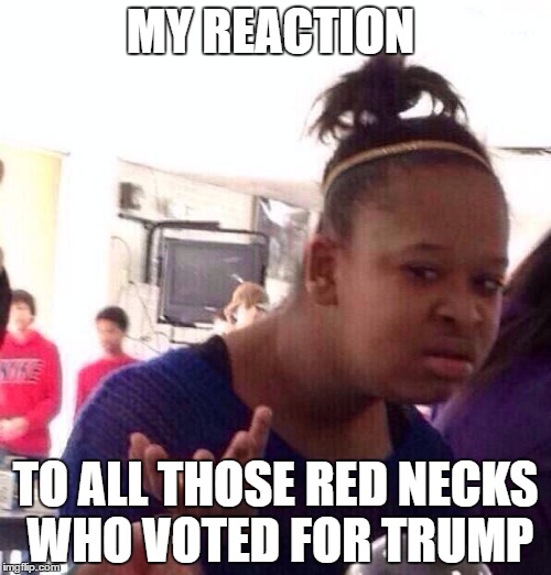 Black Girl Wat Meme | MY REACTION; TO ALL THOSE RED NECKS WHO VOTED FOR TRUMP | image tagged in memes,black girl wat | made w/ Imgflip meme maker