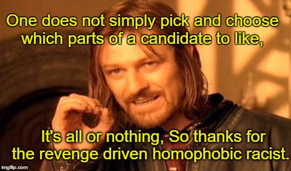 Trump | One does not simply pick and choose  which parts of a candidate to like, It's all or nothing, So thanks for the revenge driven homophobic racist. | image tagged in one does not simply,trump,donald trump | made w/ Imgflip meme maker
