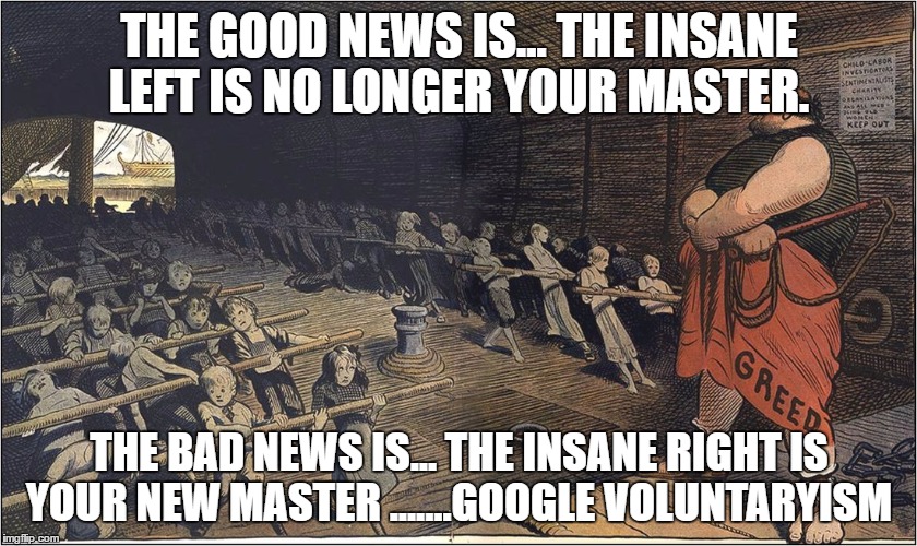 Slaves | THE GOOD NEWS IS... THE INSANE LEFT IS NO LONGER YOUR MASTER. THE BAD NEWS IS... THE INSANE RIGHT IS YOUR NEW MASTER .......GOOGLE VOLUNTARYISM | image tagged in slaves | made w/ Imgflip meme maker