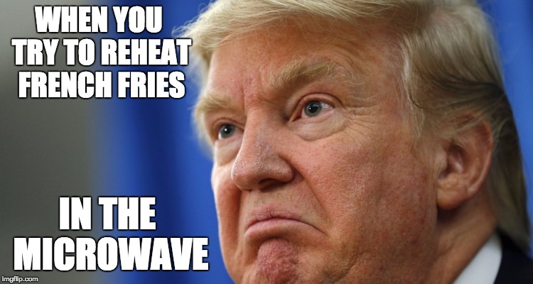 Trump French Fries | WHEN YOU TRY TO REHEAT FRENCH FRIES; IN THE MICROWAVE | image tagged in donald trump,trump,french fries,microwave | made w/ Imgflip meme maker