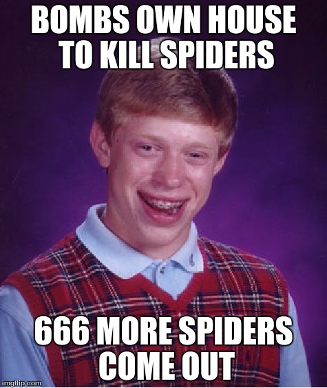 Bad Luck Brian | BOMBS OWN HOUSE TO KILL SPIDERS; 666 MORE SPIDERS COME OUT | image tagged in memes,bad luck brian | made w/ Imgflip meme maker