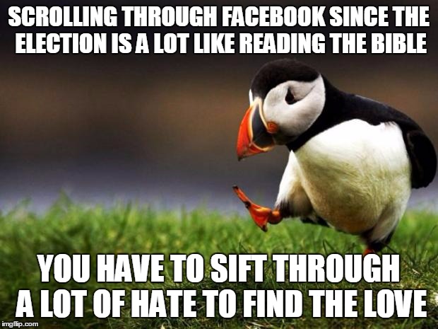 Unpopular Opinion Puffin Meme | SCROLLING THROUGH FACEBOOK SINCE THE ELECTION IS A LOT LIKE READING THE BIBLE; YOU HAVE TO SIFT THROUGH A LOT OF HATE TO FIND THE LOVE | image tagged in memes,unpopular opinion puffin | made w/ Imgflip meme maker