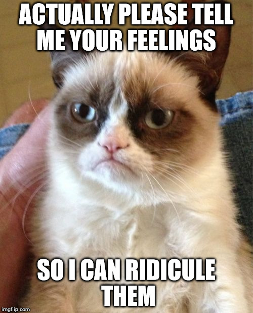 Grumpy Cat Meme | ACTUALLY PLEASE TELL ME YOUR FEELINGS SO I CAN RIDICULE THEM | image tagged in memes,grumpy cat | made w/ Imgflip meme maker