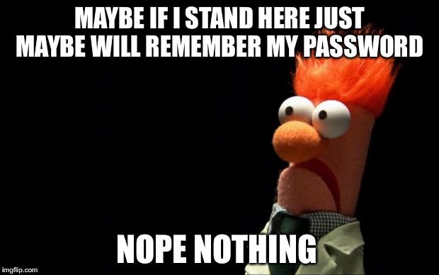 Beaker shocked face | MAYBE IF I STAND HERE JUST MAYBE WILL REMEMBER MY PASSWORD; NOPE NOTHING | image tagged in beaker shocked face | made w/ Imgflip meme maker