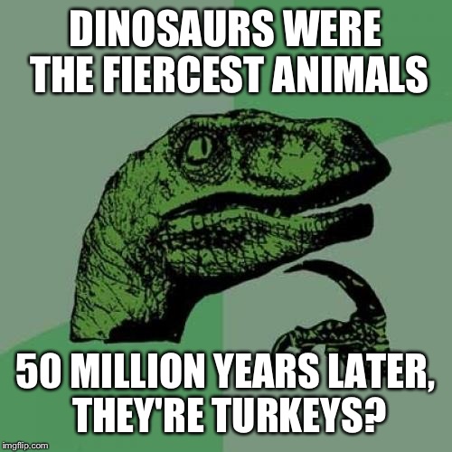 Philosoraptor Meme | DINOSAURS WERE THE FIERCEST ANIMALS; 50 MILLION YEARS LATER, THEY'RE TURKEYS? | image tagged in memes,philosoraptor | made w/ Imgflip meme maker