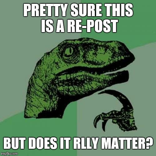 Philosoraptor | PRETTY SURE THIS IS A RE-POST; BUT DOES IT RLLY MATTER? | image tagged in memes,philosoraptor | made w/ Imgflip meme maker