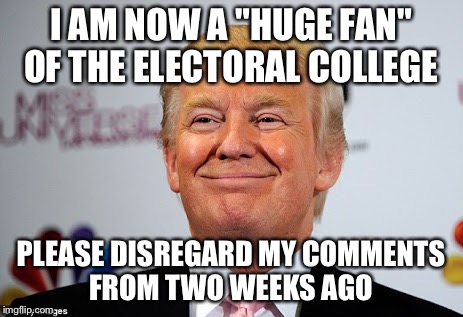 Donald trump approves | I AM NOW A "HUGE FAN" OF THE ELECTORAL COLLEGE; PLEASE DISREGARD MY COMMENTS FROM TWO WEEKS AGO | image tagged in donald trump approves | made w/ Imgflip meme maker