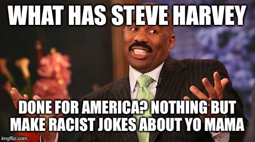 Steve Harvey | WHAT HAS STEVE HARVEY; DONE FOR AMERICA? NOTHING BUT MAKE RACIST JOKES ABOUT YO MAMA | image tagged in memes,steve harvey | made w/ Imgflip meme maker