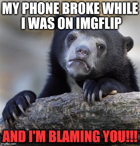 It froze while I was watching A GIF and It has been frozen all day | MY PHONE BROKE WHILE I WAS ON IMGFLIP; AND I'M BLAMING YOU!!! | image tagged in memes,confession bear | made w/ Imgflip meme maker
