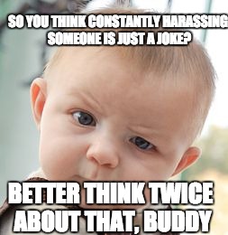 Skeptical Baby Meme | SO YOU THINK CONSTANTLY HARASSING SOMEONE IS JUST A JOKE? BETTER THINK TWICE ABOUT THAT, BUDDY | image tagged in memes,skeptical baby | made w/ Imgflip meme maker