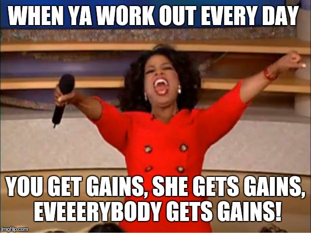 Oprah You Get A | WHEN YA WORK OUT EVERY DAY; YOU GET GAINS, SHE GETS GAINS, EVEEERYBODY GETS GAINS! | image tagged in memes,oprah you get a | made w/ Imgflip meme maker